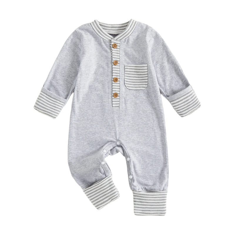 Hudson Button-Down Stripe Romper in light gray, featuring a pocket and striped cuffs, ideal for stylish newborns.