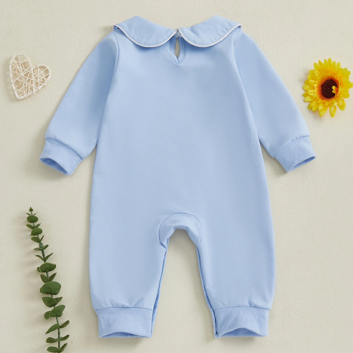 Little Ducks Preppy Boca Blue Romper for Babies - Long Sleeved with Peter Pan Collar