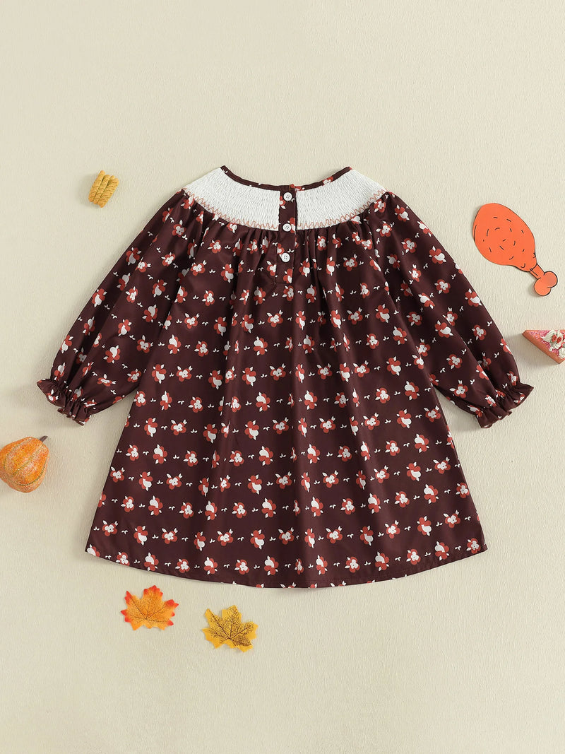 Gobbly Cute Fall Smocked Turkey Embroidered Dress
