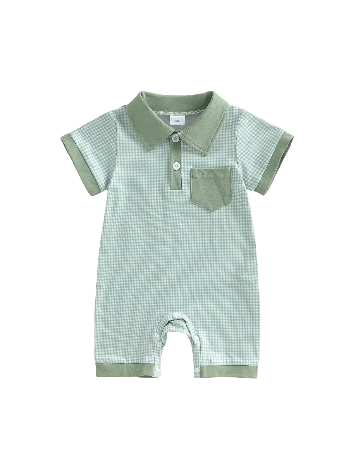 Colton Polo Boys plaid knit romper with pocket detail, turn-down collar, and leg snaps in sage green plaid