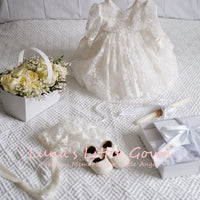 Melody Marie Elegant Lace Special Occasion Long Gown for babies in white with bow; bonnet sold separately