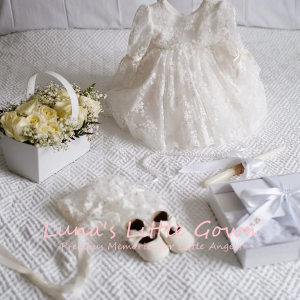 Melody Marie Elegant Lace Special Occasion Long Gown for babies in white with bow; bonnet sold separately