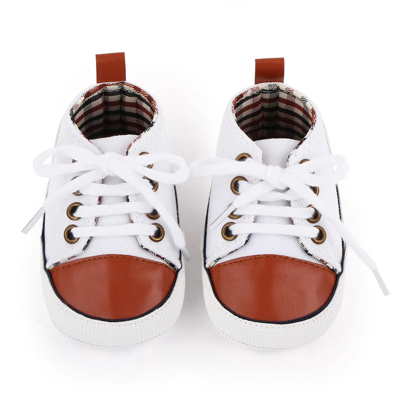 Baby's Canvas Lace-up Soft Sole First Walkers - Sophisticated Brown Tip showcasing charming plaid interior, designed for comfort and style, ideal for little explorers.