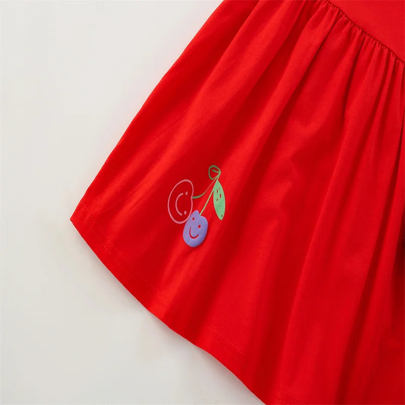 "Fruity Fun" Appliqued Fruits Girls Dress - Playful Red