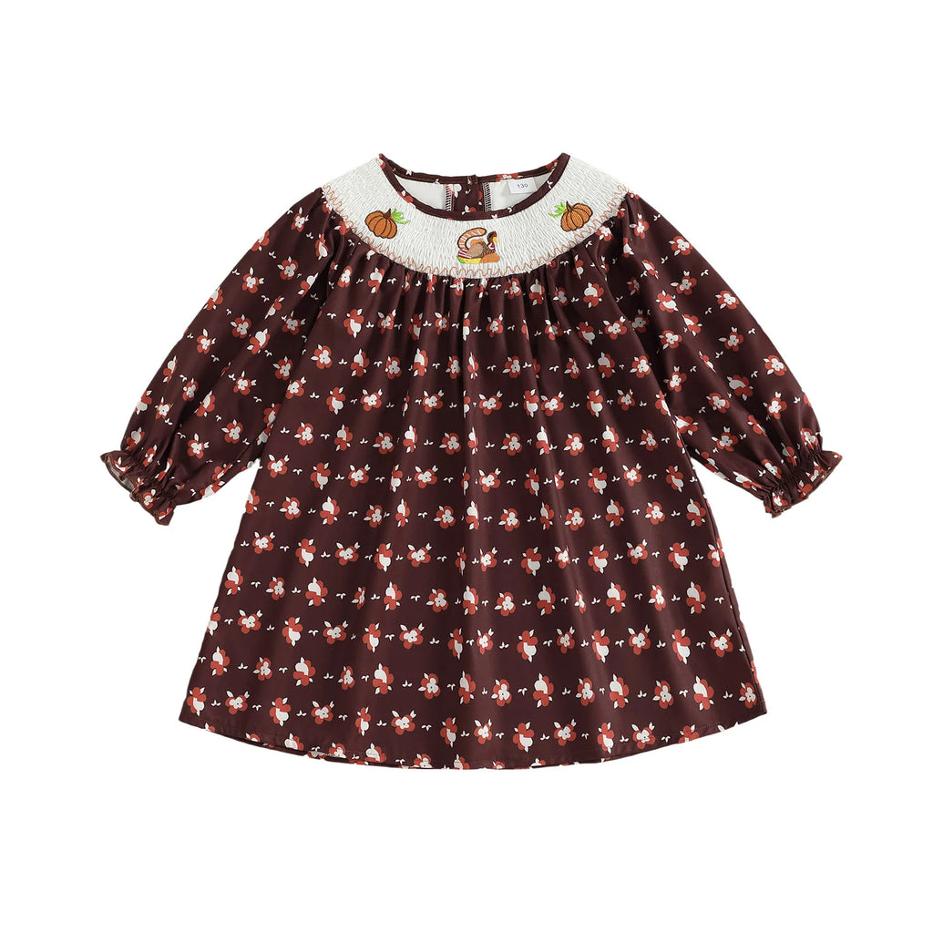 Gobbly Cute Fall Smocked Turkey Embroidered Dress featuring bubble sleeves and a charming turkey design on the neckline, perfect for little girls aged 3 to 7.