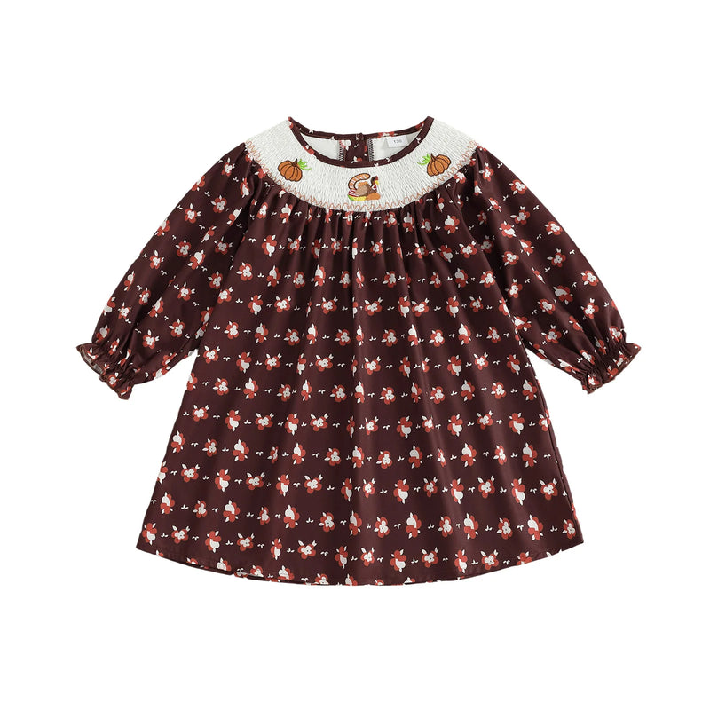 Gobbly Cute Fall Smocked Turkey Embroidered Dress
