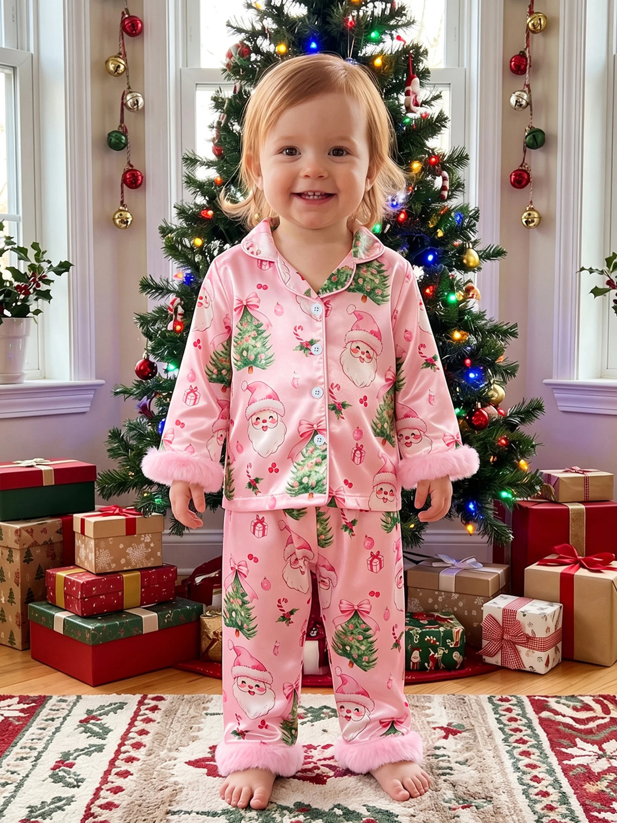 Toddler wearing pink Santa and tree print pajama set with fuzzy cuffs near a Christmas tree and gifts.