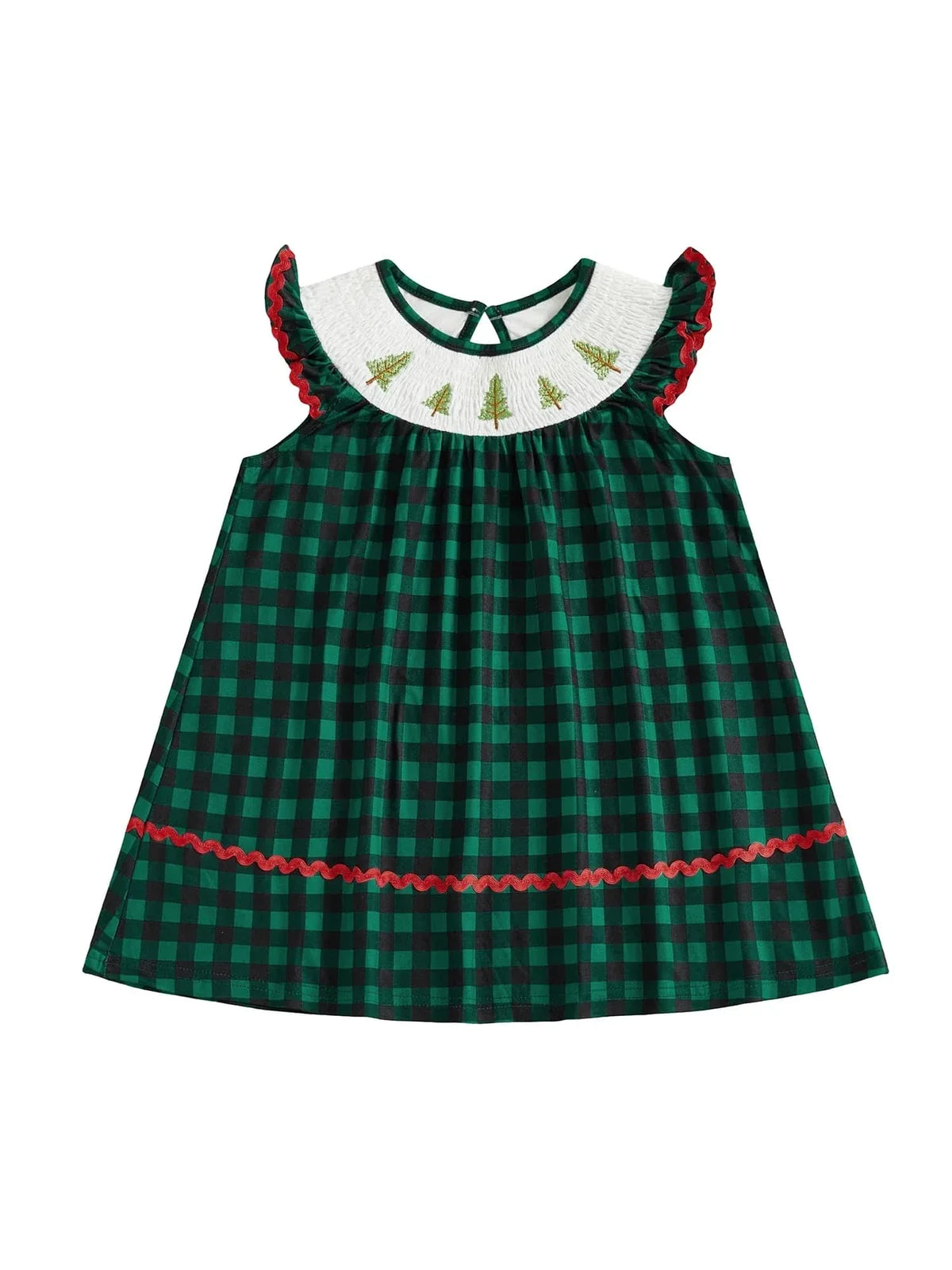 Festive Fir Tree Smocked Flutter Dress - Spruce Green Plaid - The Palm Beach Baby