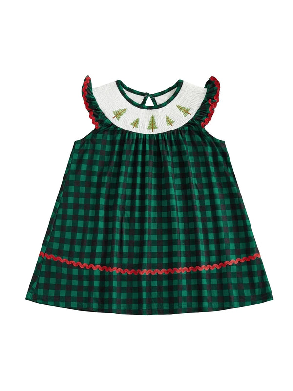 Festive Fir Tree Smocked Flutter Dress - Spruce Green Plaid - The Palm Beach Baby