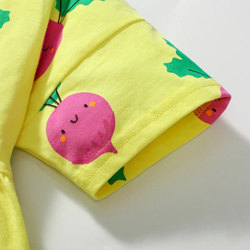 Close-up of the sleeve on the Little Cutie fun print dress for girls, featuring a playful and colorful design.