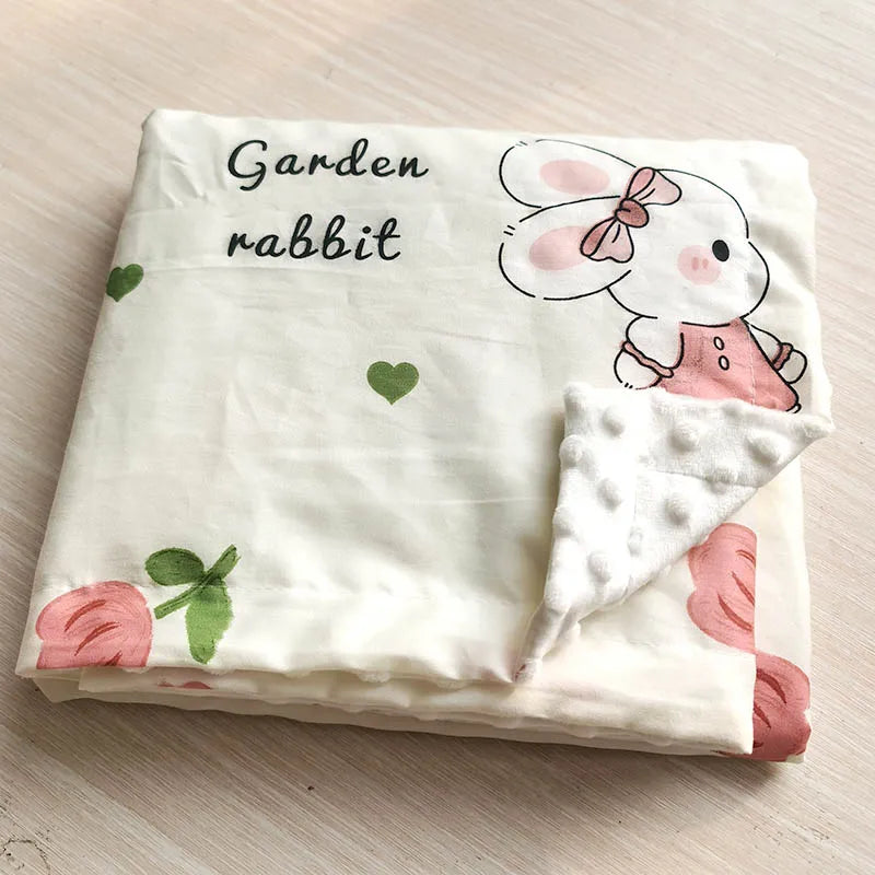 Soft 'Garden Rabbit' minky baby blanket featuring a pink-bowed bunny, hearts, and roses. Durable 100x75cm plush gift for infants.