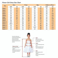 Flower Girl Dress Size Chart with measurements and a model wearing a dress.