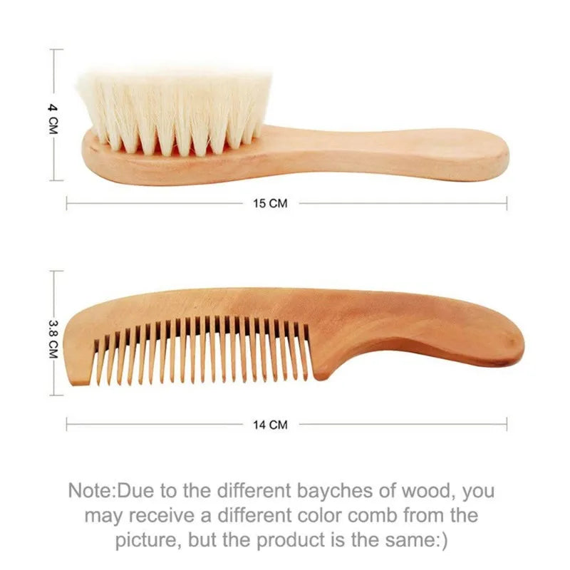 Wooden baby-to-toddler brush and comb set with soft bristles and rounded handles for gentle everyday grooming.