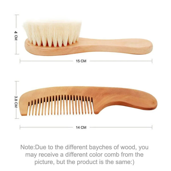 Wooden baby-to-toddler brush and comb set with soft bristles and rounded handles for gentle everyday grooming.