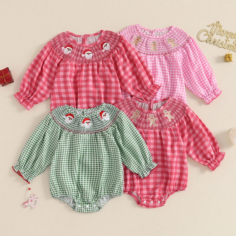 Collection of Holiday Cuteness Smocked Baby Bubbles in various colors, featuring festive embroidery, perfect for capturing holiday family photos.