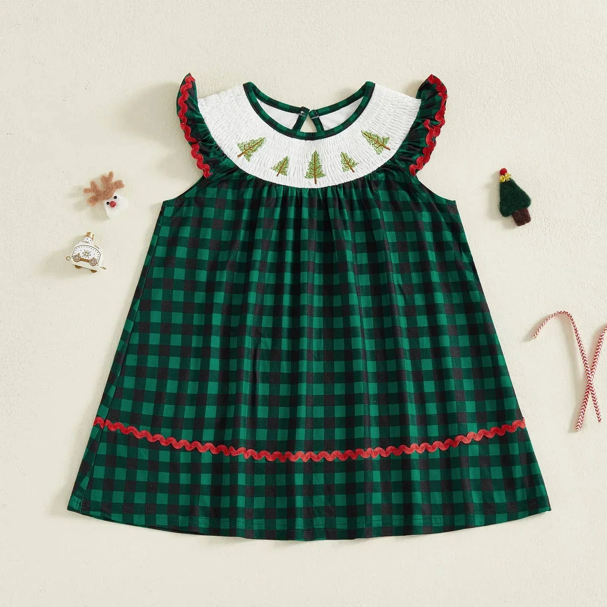 Festive Fir Tree Smocked Flutter Dress - Spruce Green Plaid - The Palm Beach Baby