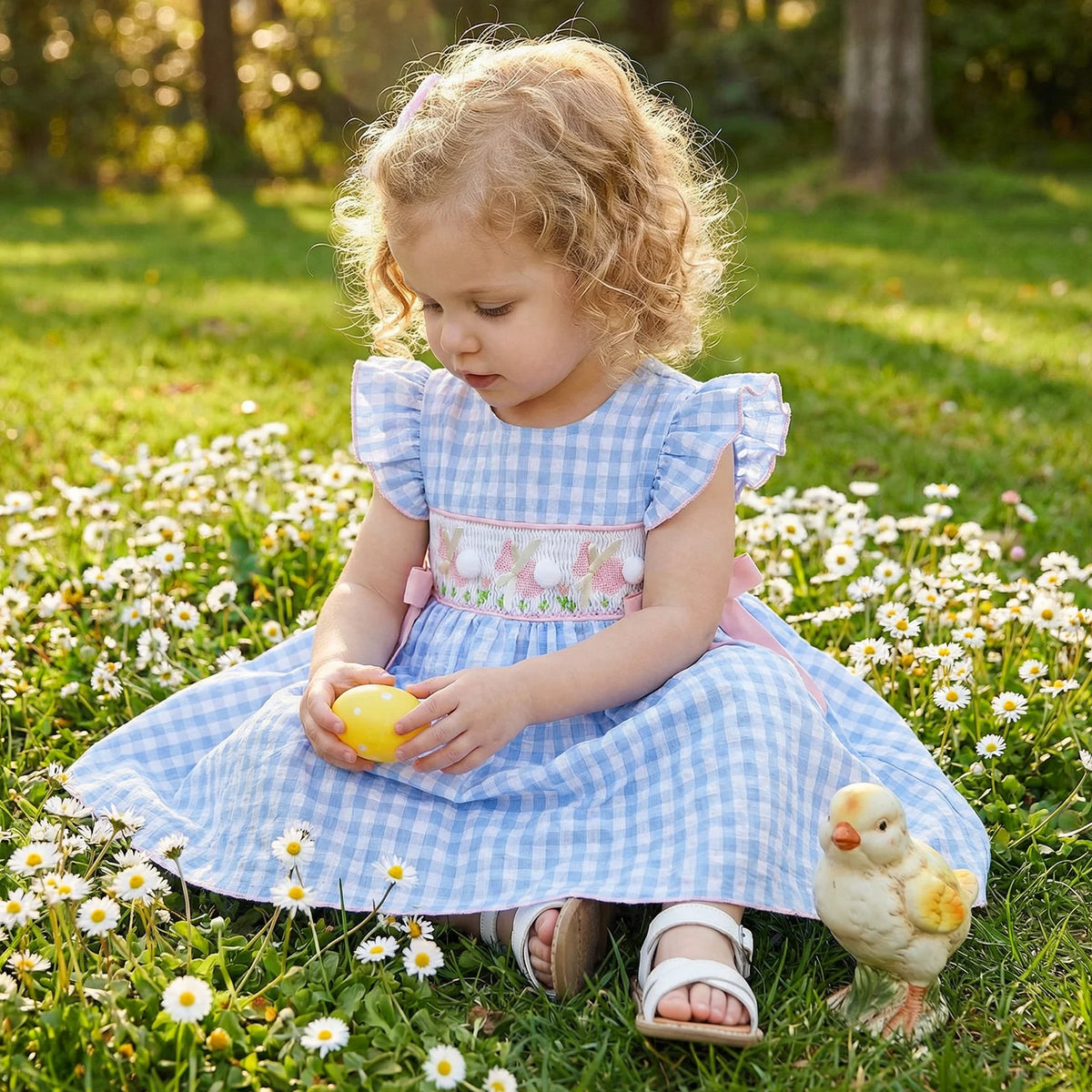Toddler girl in Boca Blue Frilly Bunnies Embroidered Dress with gingham pattern and ruffled sleeves.
