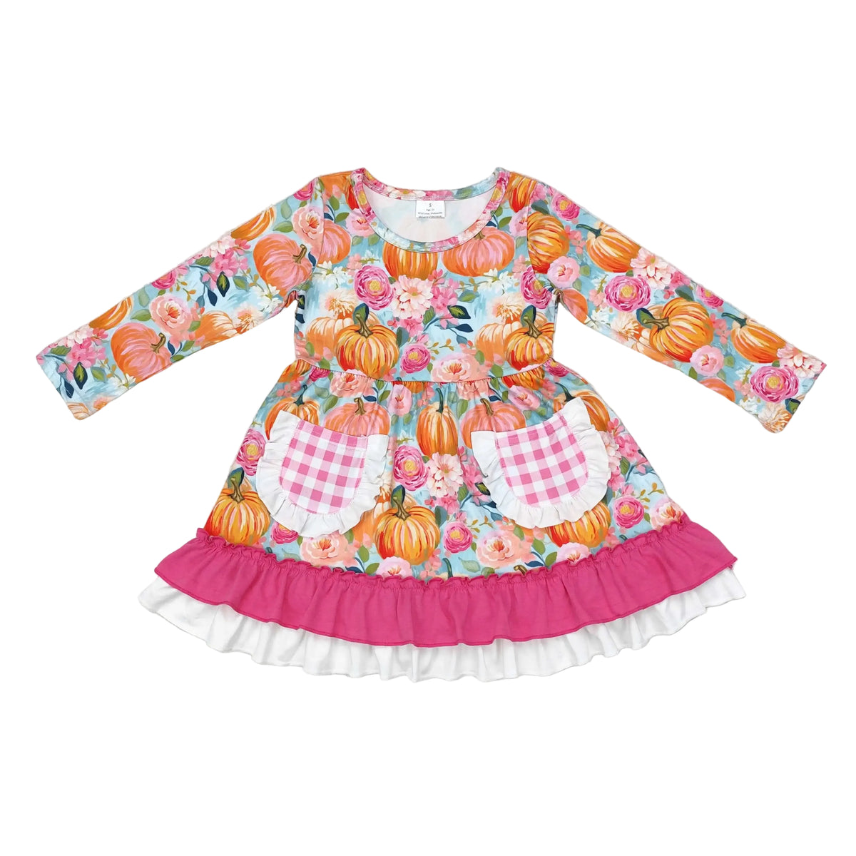 Girls long sleeve A-line dress with pumpkin floral print, pink gingham pockets, and ruffled hem for fall holidays.