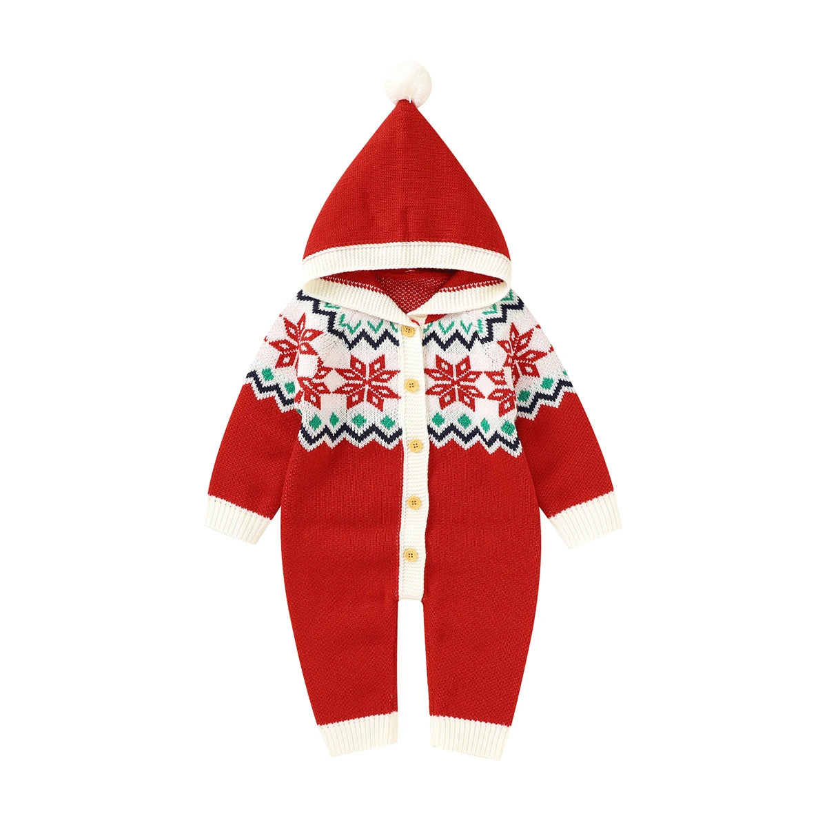 A cozy winter knit romper for kids featuring a playful snowman design, part of the 'Winter Sweeties' collection for joyful winter moments.