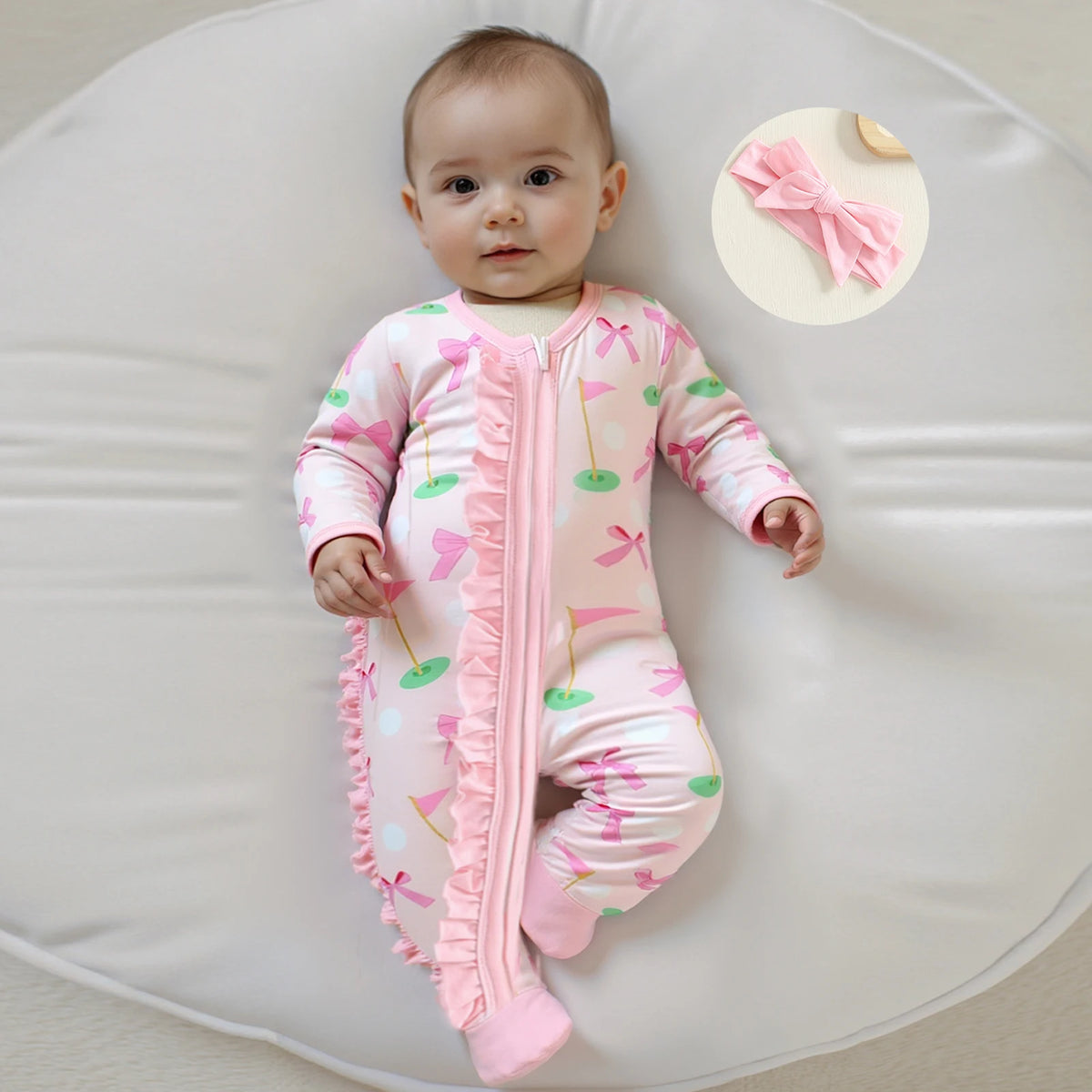 Frills & Bows Baby Girls Fall Footies - Long Sleeve Romper Set