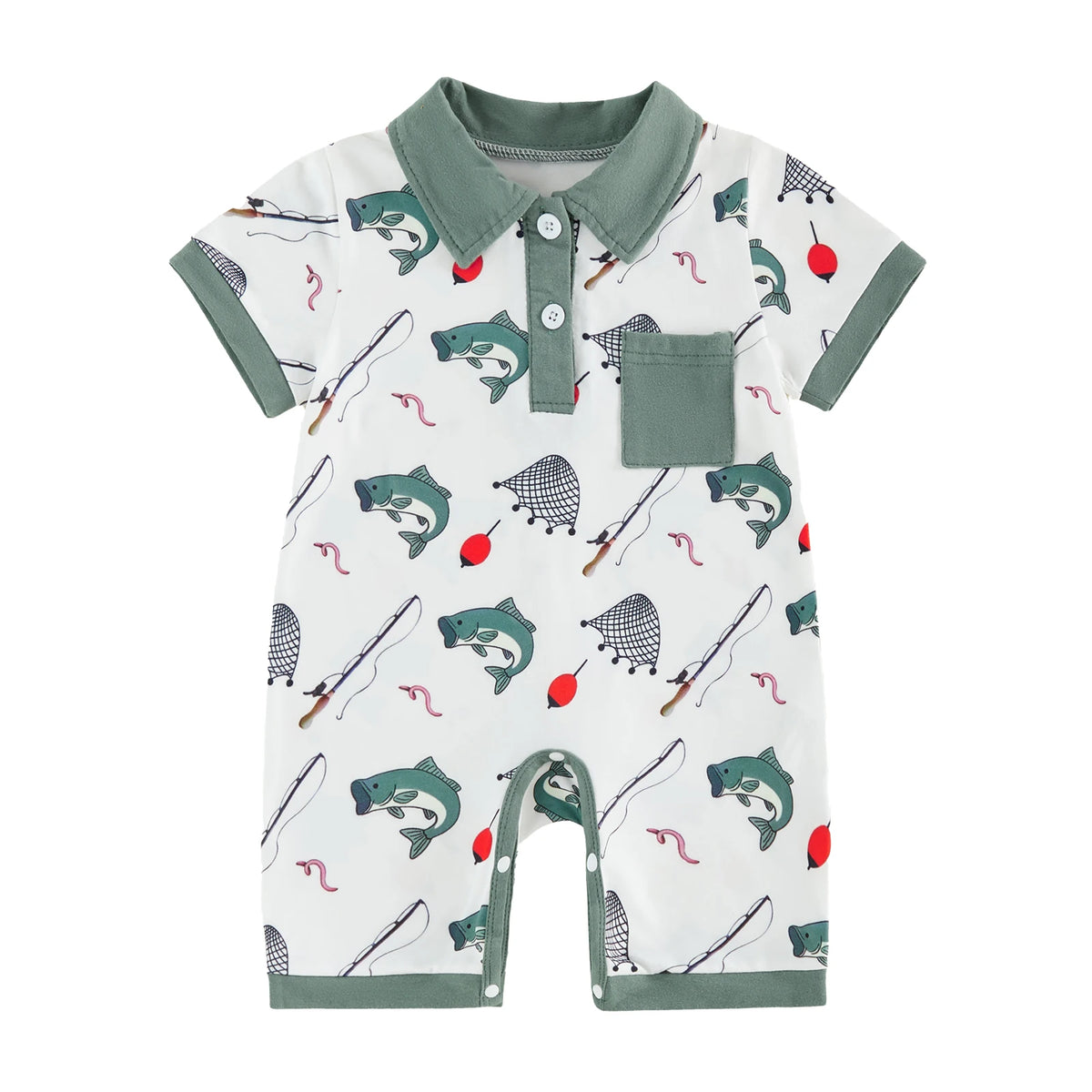 Polo-style short-sleeve boys romper with green collar and pocket, fishing and western-themed print.