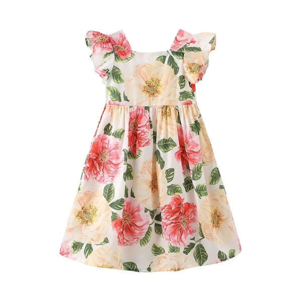 Summer Fleurs Pink Floral Party Dress featuring vibrant floral print and ruffled sleeves, perfect for toddlers to teens.