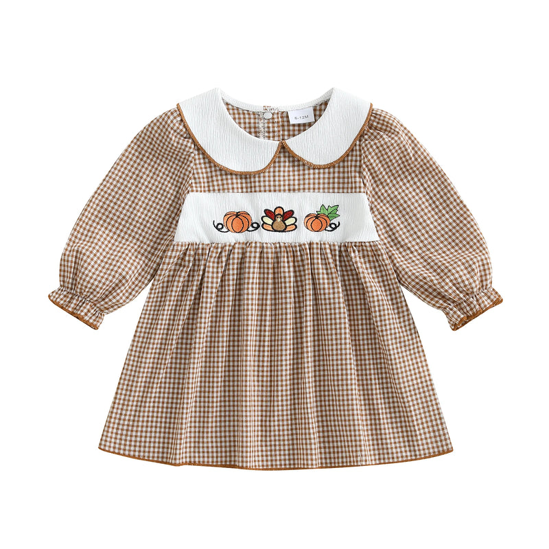 "Pumpkins and Turkey" Embroidered  Plaid Dress for Little Girls - 2 Colors