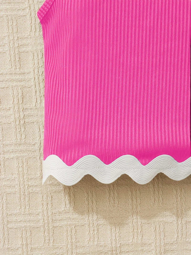 Close-up of the scalloped hem detail on the oleander pink top of the Chic Pamela Ann 2 PC Girls Shorts Set, highlighting its fashionable design.