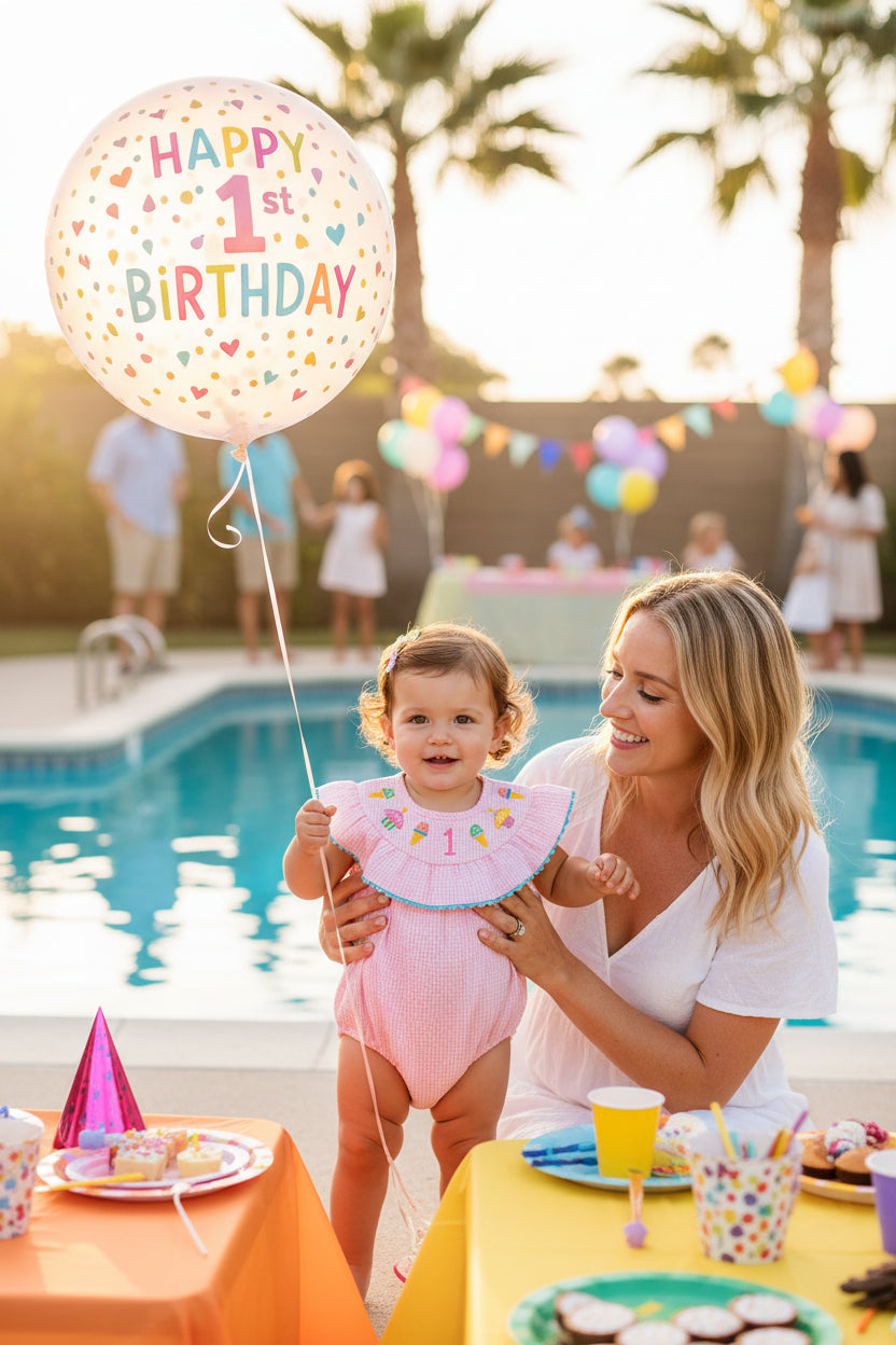 toddler girl dressed in a seersucker birthday romper with her mother at the pool