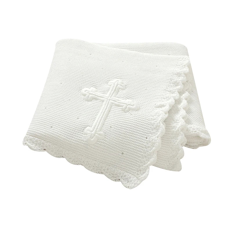 Cotton white baby baptism blanket with crocheted cross, 100 x 80 cm, soft knit with scalloped edge.