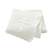 Cotton white baby baptism blanket with crocheted cross, 100 x 80 cm, soft knit with scalloped edge.