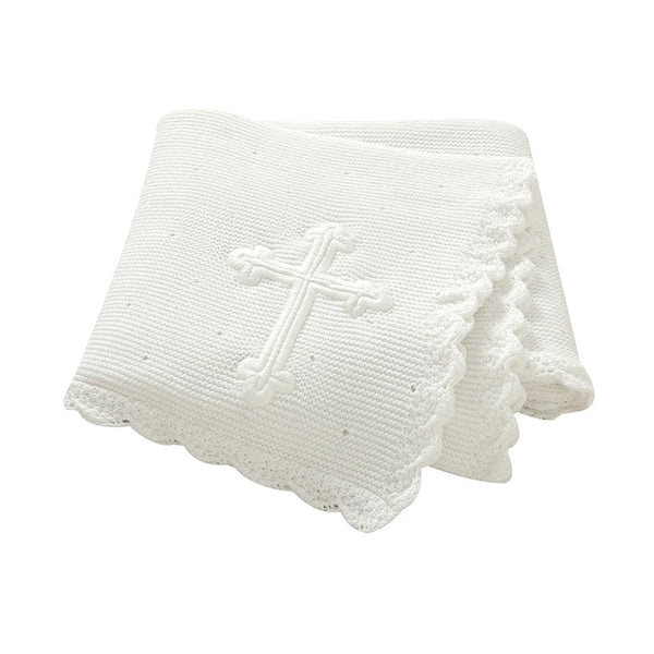 Cotton white baby baptism blanket with crocheted cross, 100 x 80 cm, soft knit with scalloped edge.