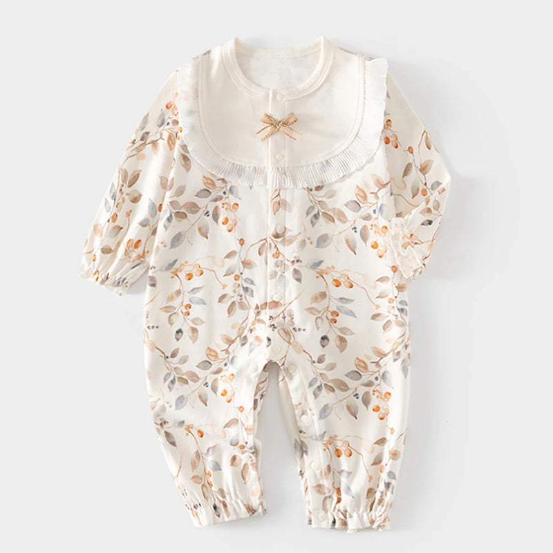 Frills and Fleurs Baby Rompers featuring a light cream design with orange floral patterns, crafted from soft cotton for baby comfort.