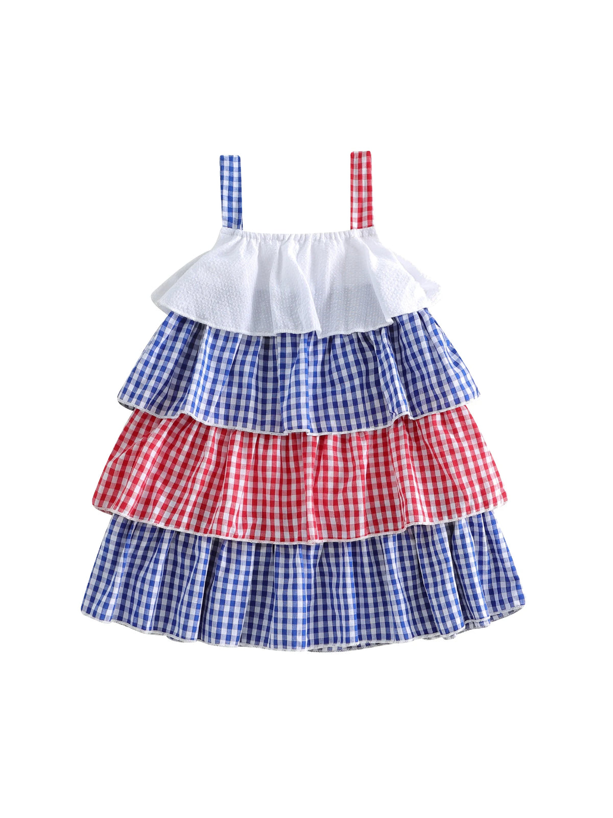 Pauline Patriotic Red, White, and Blue Tiered Toddler Party Dress - Adorable Frills - The Palm Beach Baby Esrimated 13-19 Day Shipping