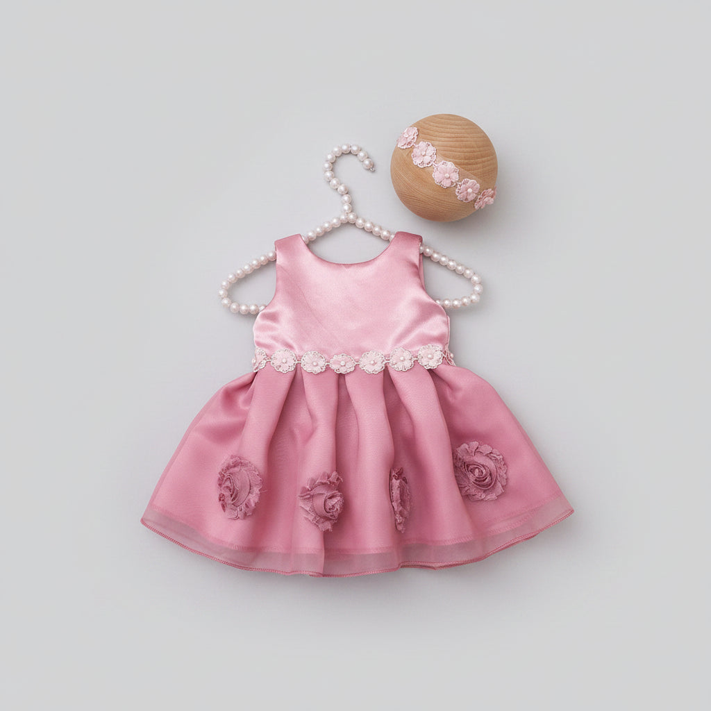 Two-piece pink satin infant dress with floral rosettes and a matching beaded headband.