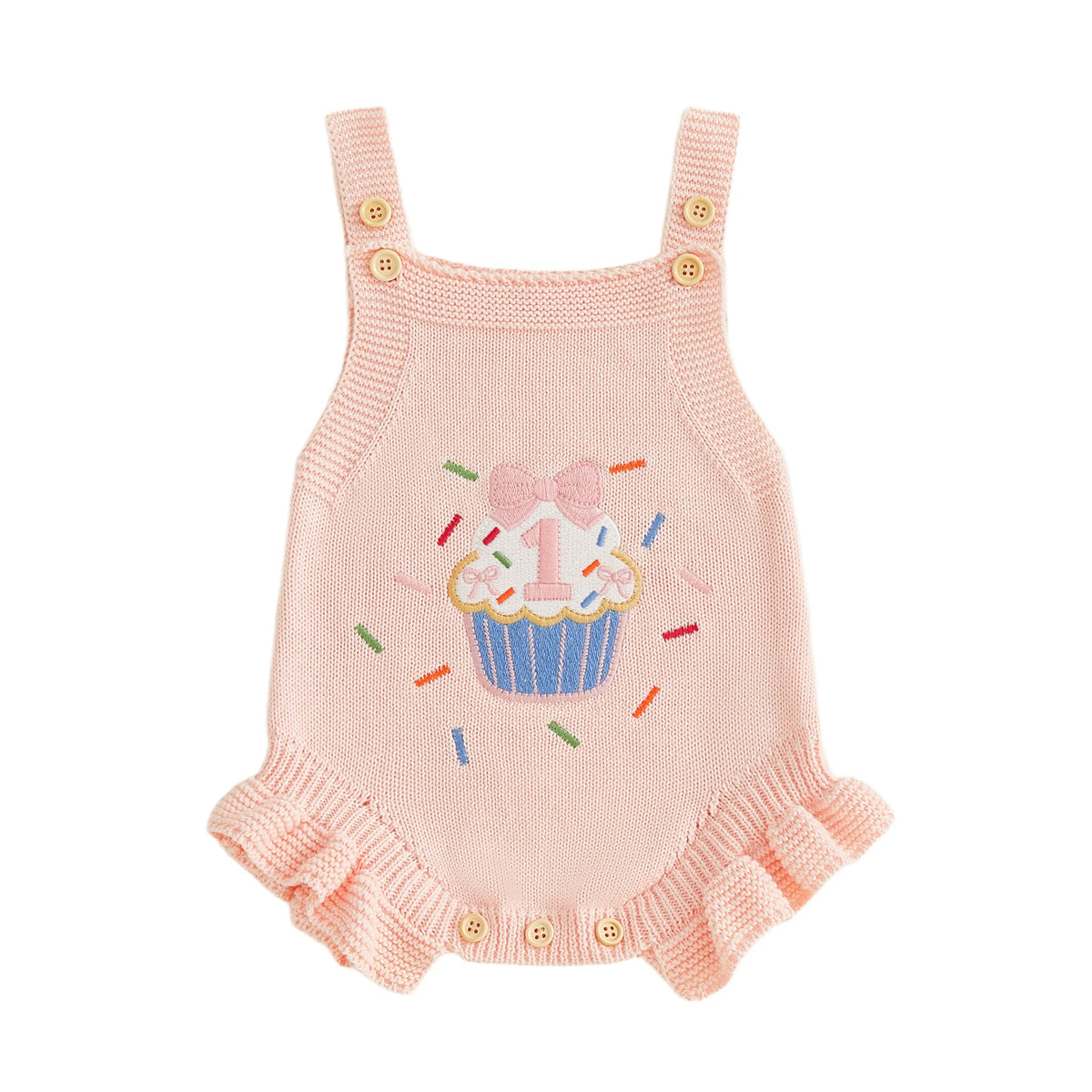 Pink knit baby romper overalls with cupcake embroidery, bow, leg buttons, sleeveless straps, frilled cuffs