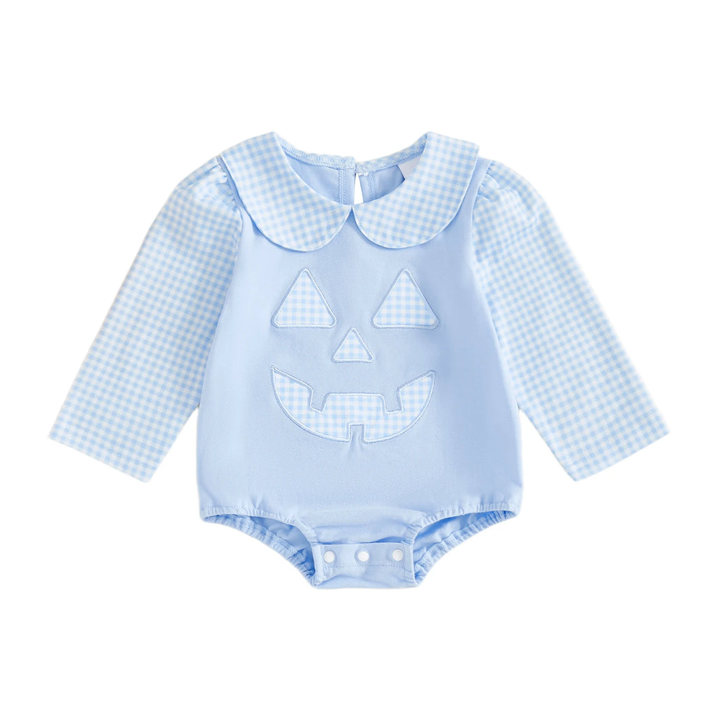 "Peter Pumpkin" Adorable Baby Blue Romper with Snaps featuring an embroidered pumpkin face, perfect for your little one.
