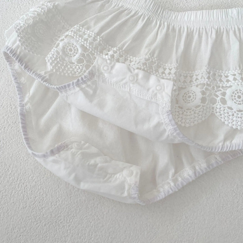 Detail view of the back of the Summer Sweet Lace Baby's Romper, featuring convenient leg snaps for easy diaper changes and a cute lace design.