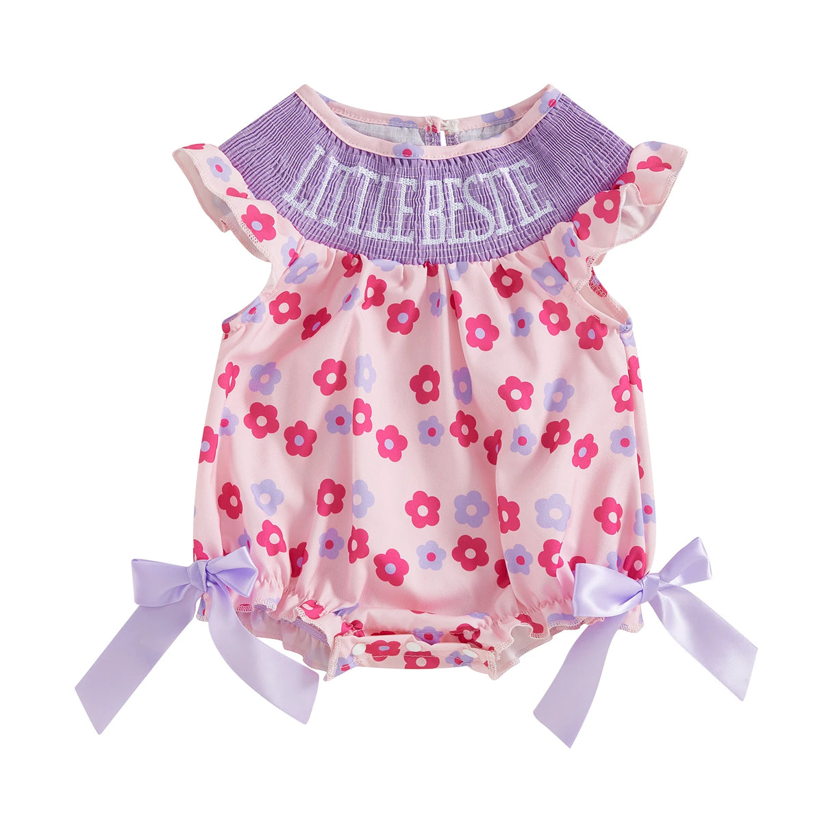 Lil Bestie Bows and Flowers Embroidered Romper for Babies in pink with purple smocked yoke and lavender bows