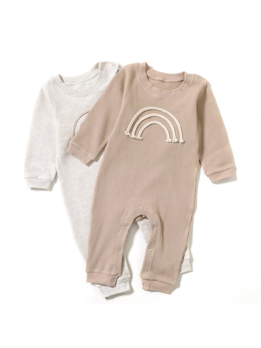Over The Rainbow Baby's Cotton Knit Romper in cozy beige and warm mocha hues, showcasing a playful rainbow design for baby outfits.