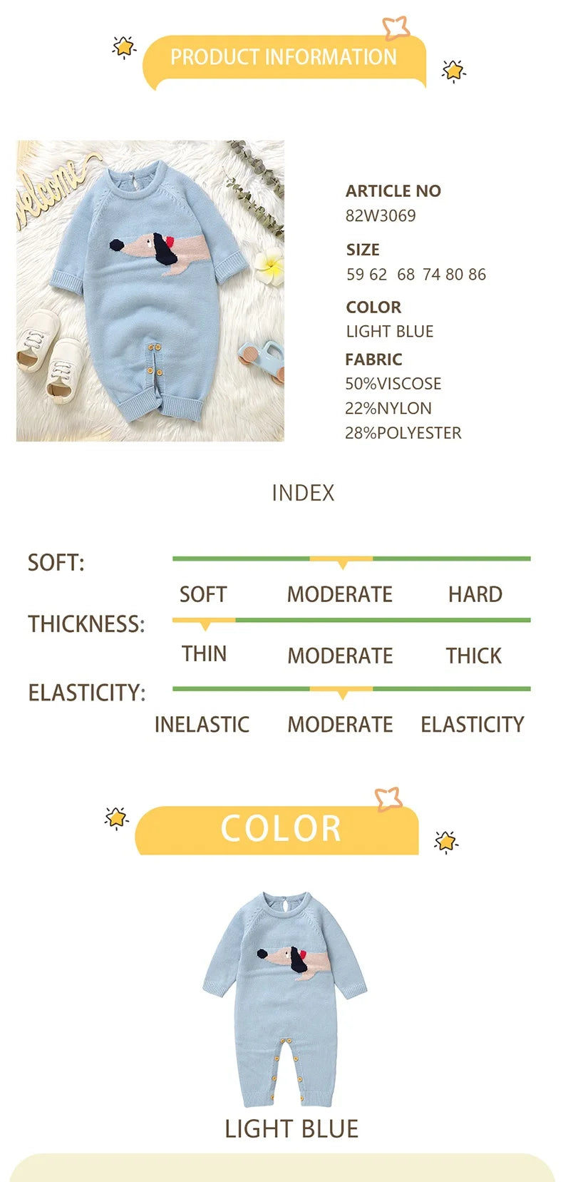 Product information chart for the "Doxie Dashound" Embroidered Baby Sweater Romper in light blue.