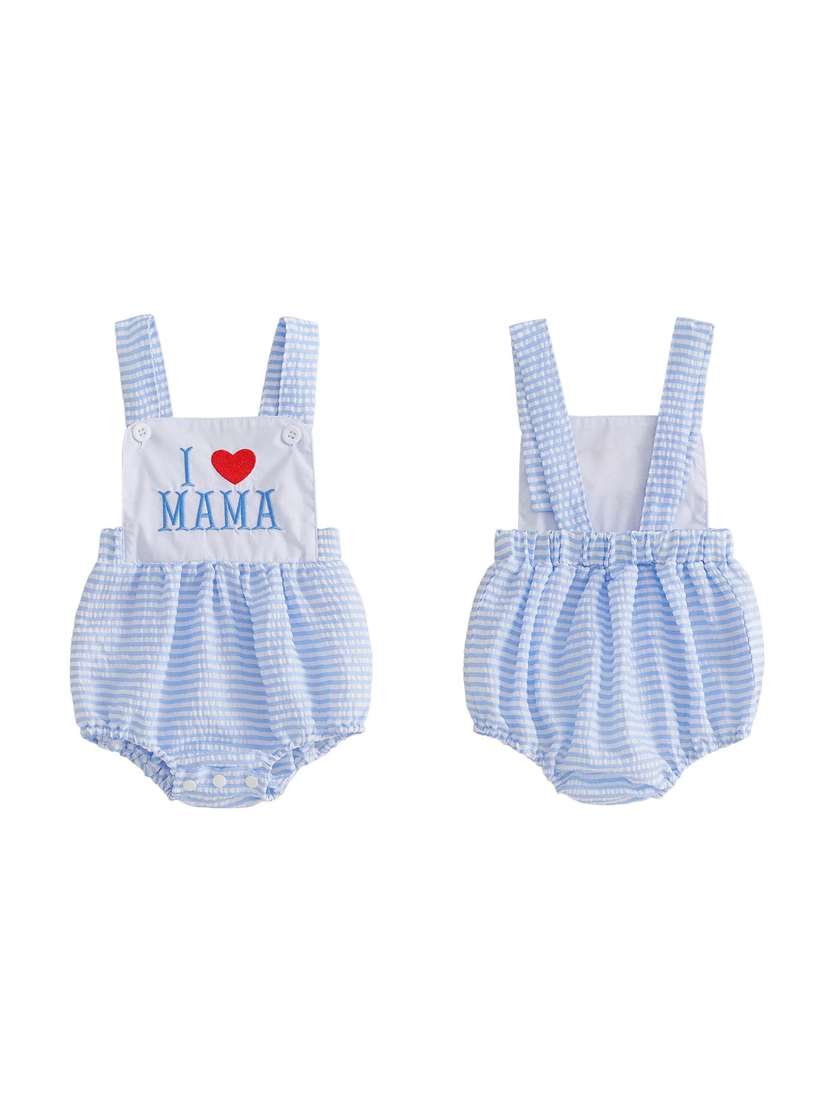 Blue and white gingham baby bubble romper with I Love Mama embroidery, adjustable straps, snap crotch.