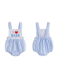 Blue and white gingham baby bubble romper with I Love Mama embroidery, adjustable straps, snap crotch.