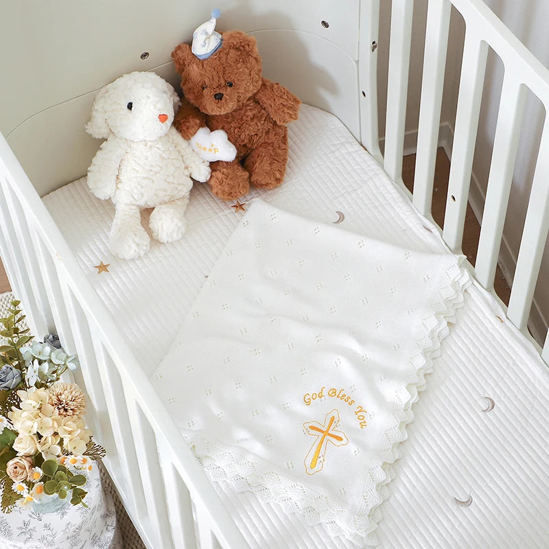 White cotton knit baptism blanket with gold cross and "God Bless You" embroidery, crochet trim, heirloom Christening gift.