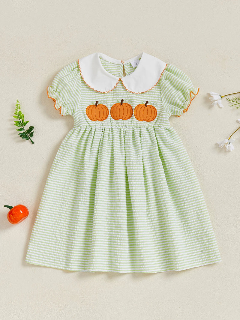 Pumpkins & Puff Sleeves Green Stripe Dress