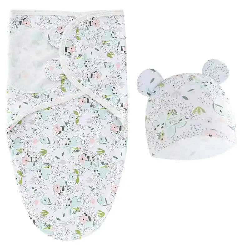Soothing Baby Swaddle Set Cartoon for Newborns featuring a leaf design swaddle wrap and bear hat, ideal for snug and stylish swaddling.
