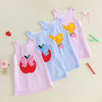 Back to School seersucker embroidered sleeveless dress set in pink and blue with apple-bow graphics, knee-length.