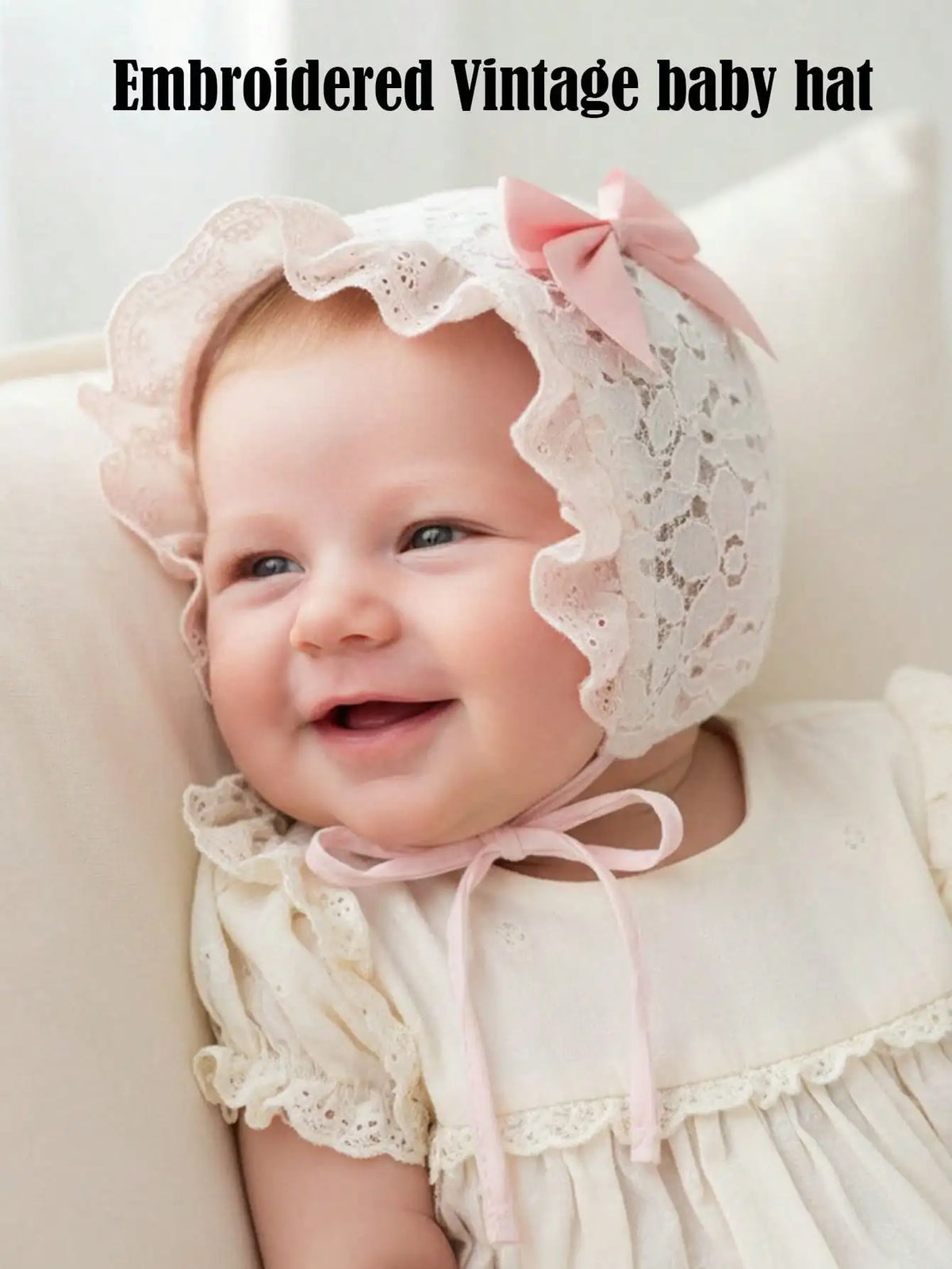 Penelope Ruffled Lace Embroidered Flower Baby Bonnet - 2 Color Options