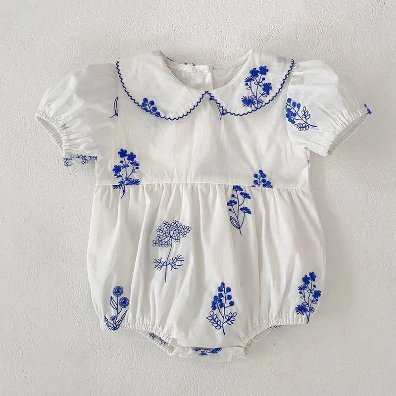 Blue Fleurs Peter Pan Collared Sibling Toddler Bubble Romper 1-24 mos. - The Palm Beach Baby Estimated 12 - 20 Day Shipping