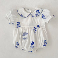 Blue Fleurs Peter Pan Collared Sibling Toddler Bubble Romper 1-24 mos. - The Palm Beach Baby Estimated 12 - 20 Day Shipping